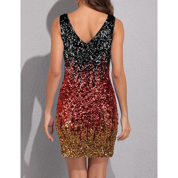 Sleeveless Womens Sequin Dress V Neck Bodycon Mini large Black & Red & Gold - Picture 2 of 7
